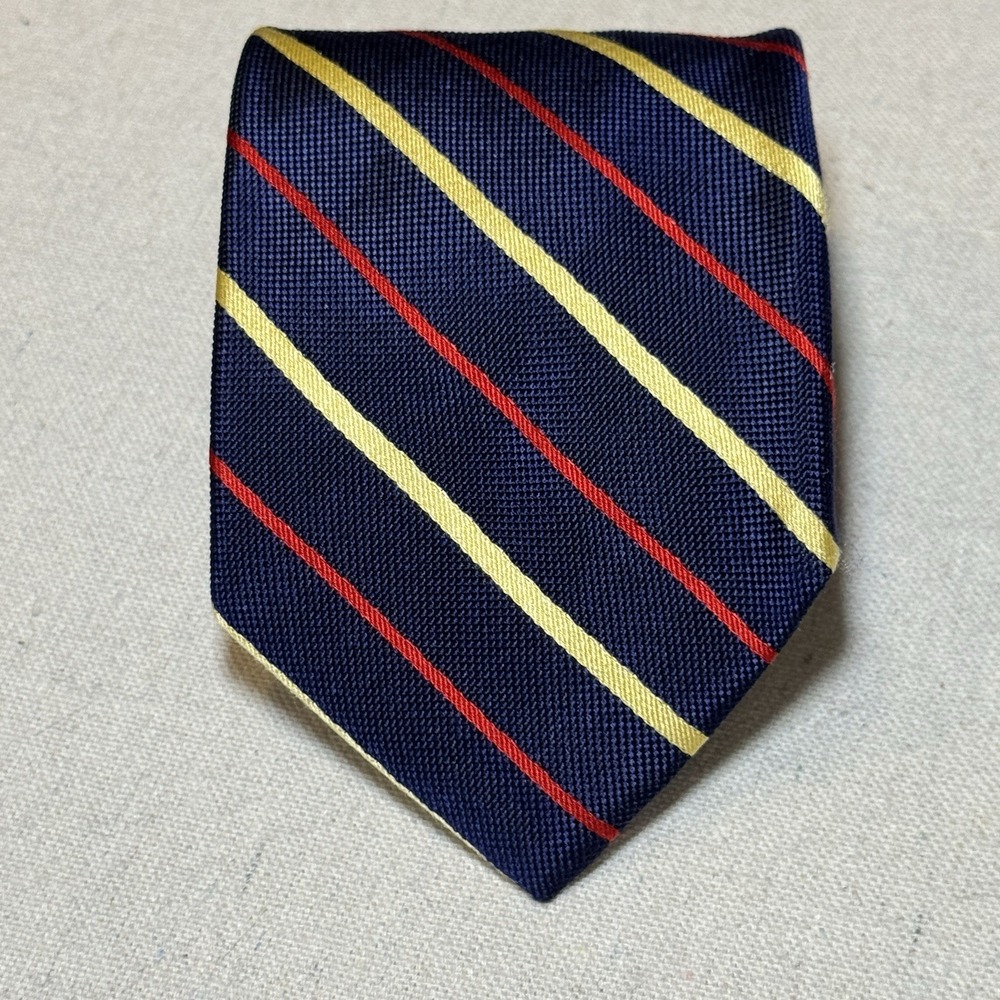 Lands' End Tie Mens OS Navy Yellow Red Striped Repp Silk Blend Preppy Ivy League
